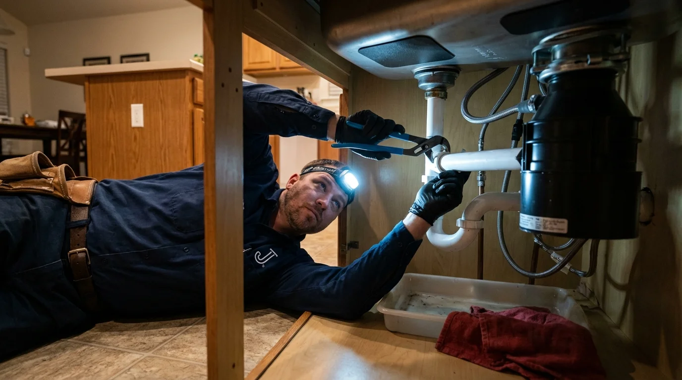 P-trap and supply line connections under a kitchen sink showing a common leak point in Herriman, UT